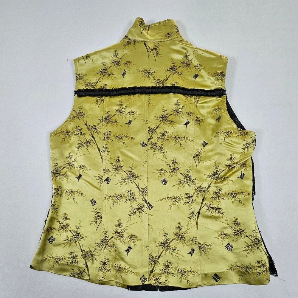 Silk Box Womens Size 10 Green/Gold Bamboo Print Silk Cotton Zip Front Vest Asian